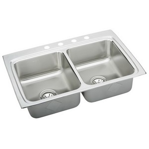 Elkay® Gourmet 18 Guage Stainless Steel 4-Hole Double Bowl Top Mount Kitchen Sink, 33 inch x 22 inch, Lustrous Highlighted Satin
