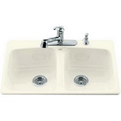 Kohler Brookfield™ K-5846-4 Cast Iron 4-Hole Double-Equal Bowl Top Mount Kitchen Sink, 33 inch x 22 inch, Biscuit