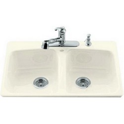 Kohler Brookfield&trade; K-5846-4 Cast Iron 4-Hole Double-Equal Bowl Top Mount Kitchen Sink, 33 inch x 22 inch, White