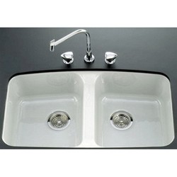 Kohler Brookfield™ K-5846 Under-Mount Enameled Cast Iron Equal Bowl Kitchen Sink, 33 inch x 22 inch, White