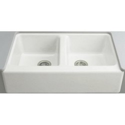 Kohler Hawthorne™ K-6534-4U-96 Cast Iron 4-Hole Double-Equal Apron-Front Kitchen Sink, 33 inch x 22-1/8 inch, Biscuit