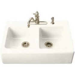 Kohler Hawthorne™ K-6534-4 Double-Equal Bowl Apron-Front Cast Iron Tile-In Kitchen Sink, 33 inch x 22-1/8 inch, White