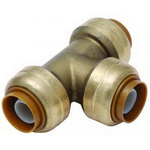 Sharkbite® U444 Natural Brass or Chrome Plated Brass Reducing Tee, 3/4 inch x 1/2 inch x 3/4 inch, Push-Fit