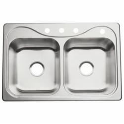 Sterling 11402 Southhaven® Stainless Steel Self-Rimming Ledge Back 2-Basin Kitchen Sink, 33 inch L x 22 inch W, 4-Hole, Satin Deck
