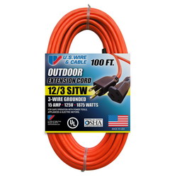 U.S. Wire & Cable Outdoor 12/3 SJTW Vinyl Extension Cord Set, 100ft, 125V, 15A