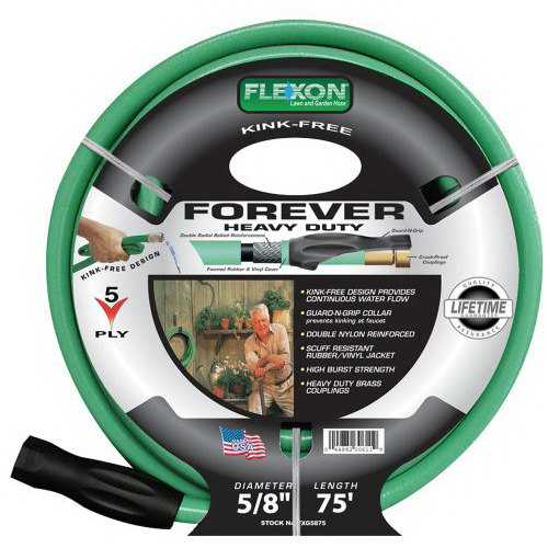 Flexon&reg; 5-Ply Durable Nylon Heavy-Duty Cotractor Garden Hose, 5/8 inch x 75 ft, Green