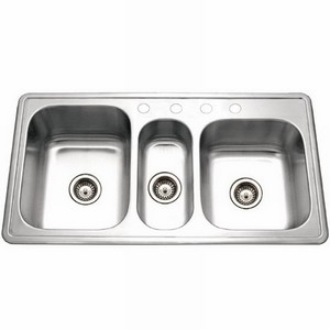 Houzer® Premiere Gourmet Stainless Steel 4-Hole Triple Bowl Top Mount Kitchen Sink, 41-5/16 inch x 22 inch, Lustrous Satin
