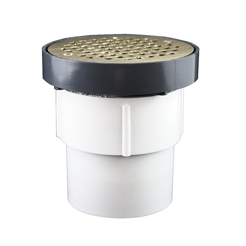 PVC Pipe Fit Drain Base with 3 inch Plastic Spud, 5 inch Nickel Bronze Round Strainer PVC
